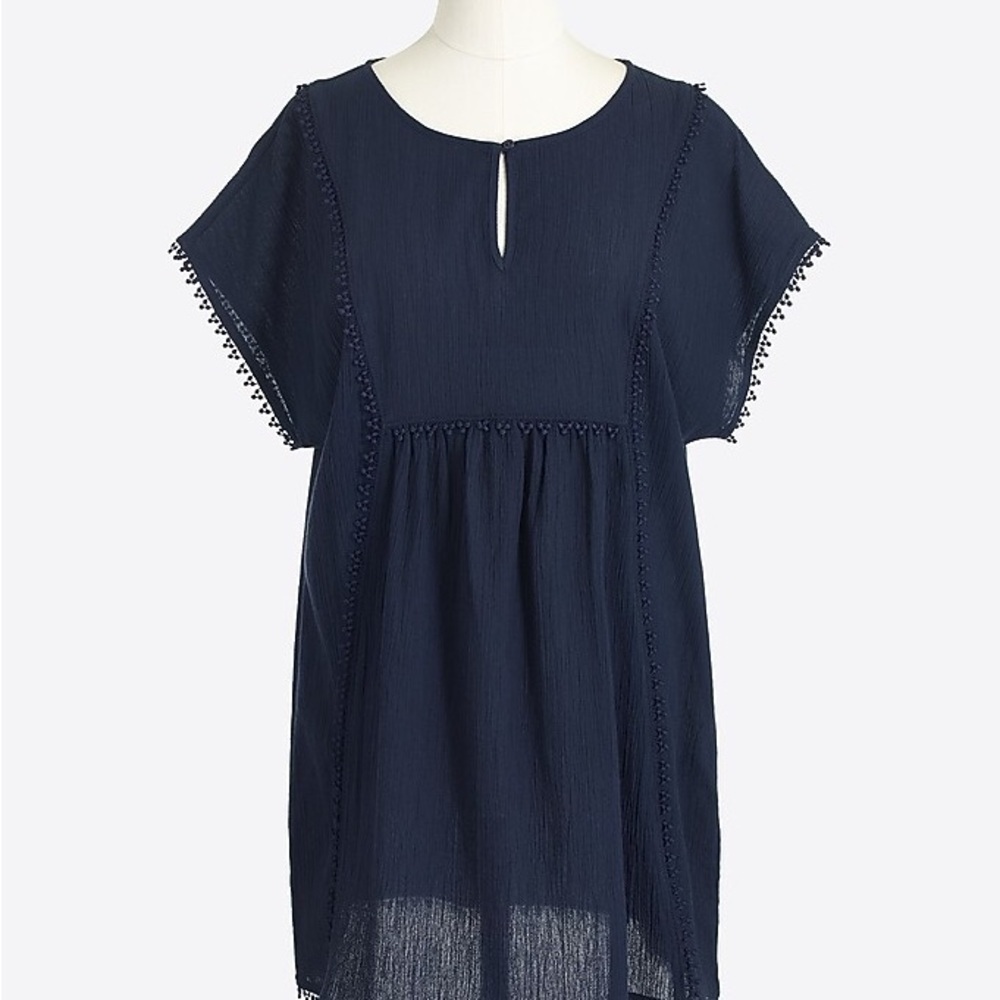 J Crew Navy Pom Pom Tunic Swim Suit Cover Up Dress XS 100% Cotton Boho Peasant